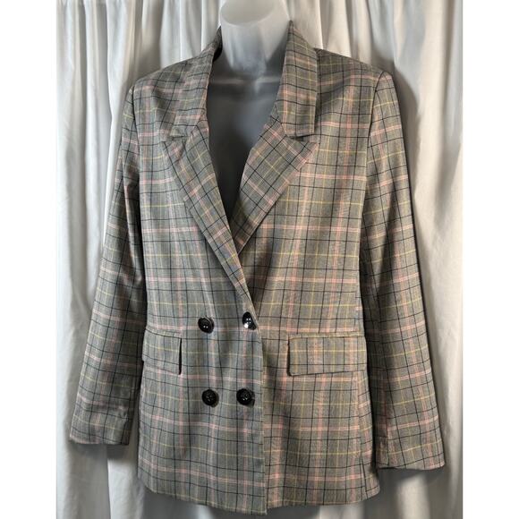 7th Ave Design Studio New York & Co Plaid Blazer PinkBlack M Career 80-27 - Picture 1 of 15